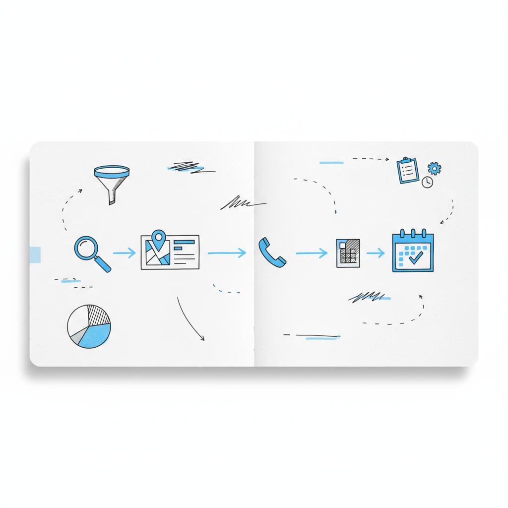 Flat-lay notebook sketches of a patient journey with icons (magnifying glass, listing pin, phone, calendar, check) illustrating how to advertise a doctor's office