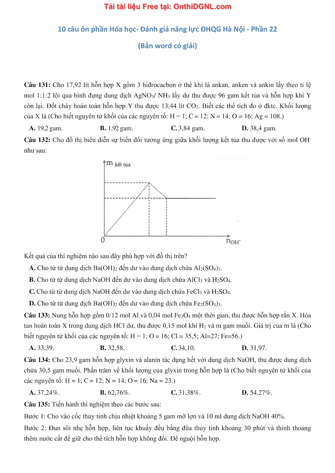 260 bài tập môn Hóa học - Ôn thi ĐGNL ĐHQG Hà Nội Phần 22