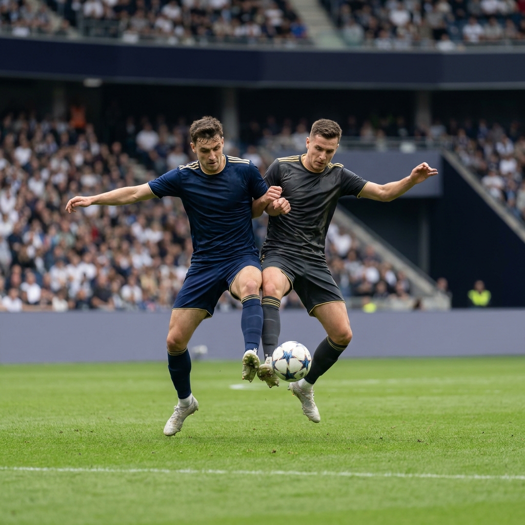 Fulham prediction action shot of a central midfield duel showing two players contesting the ball tactical battle shallow depth of field neutral crowd Funded Plays brand palette