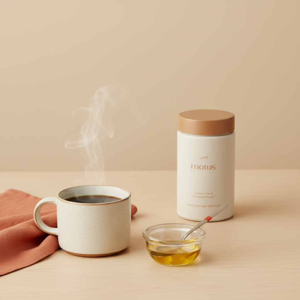 Minimalist tabletop scene with a cup of black coffee, a teaspoon of MCT oil in a glass ramekin, and a Tonum Motus supplement jar on a beige background, illustrating coffee and metabolism and weight-loss ritual.
