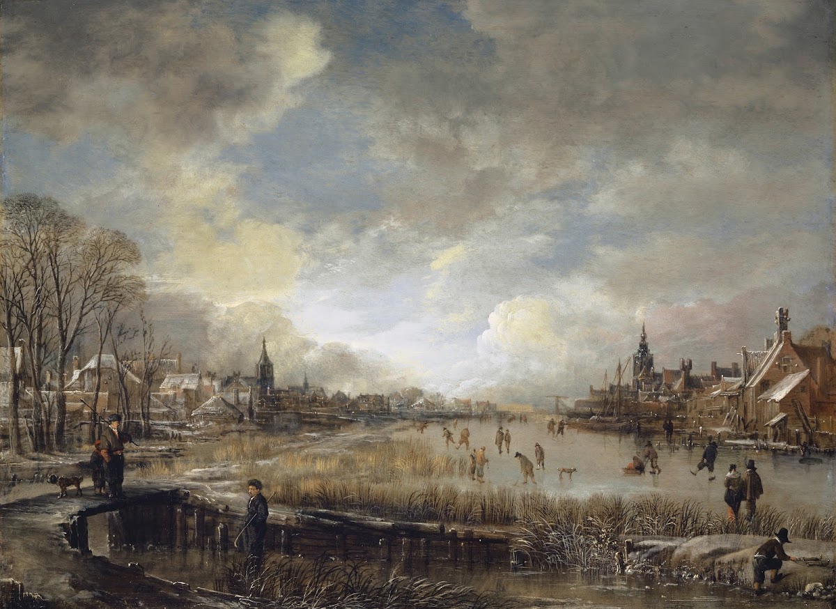 Two Towns on a Frozen River with Golf Players and Ice Skaters 1660 65