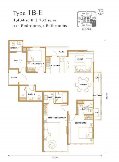 Bangsar Hill Park – Verdura (Tower D and E) Type 1B-E floor plan — 1057 sq ft, 2 bedrooms