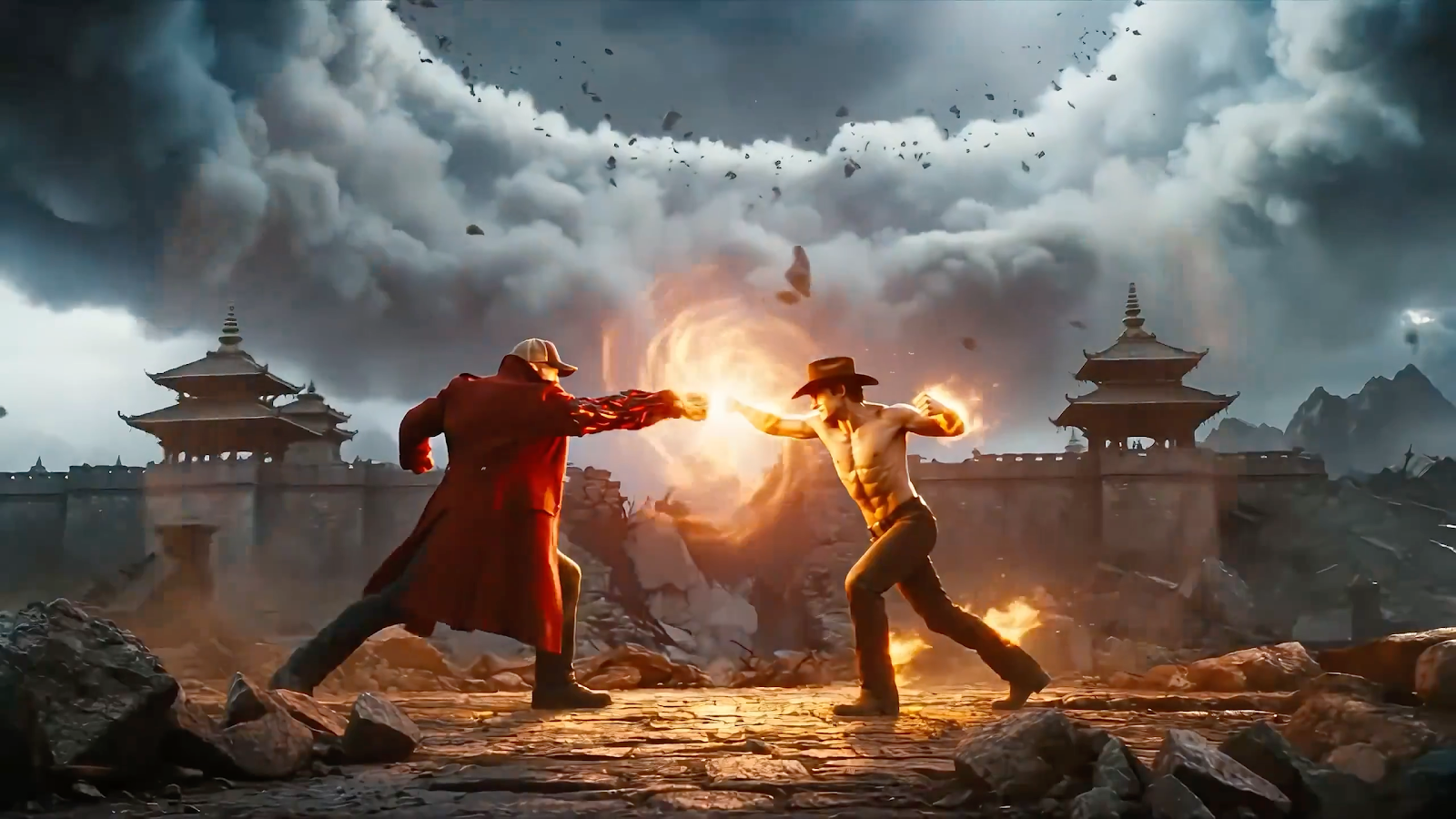 Escena de película de acción y fantasía moderna: Colisión épica de elementos de lava y fuego.