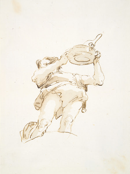 Male figure carrying a tray with fowl seen frombelow ca174050