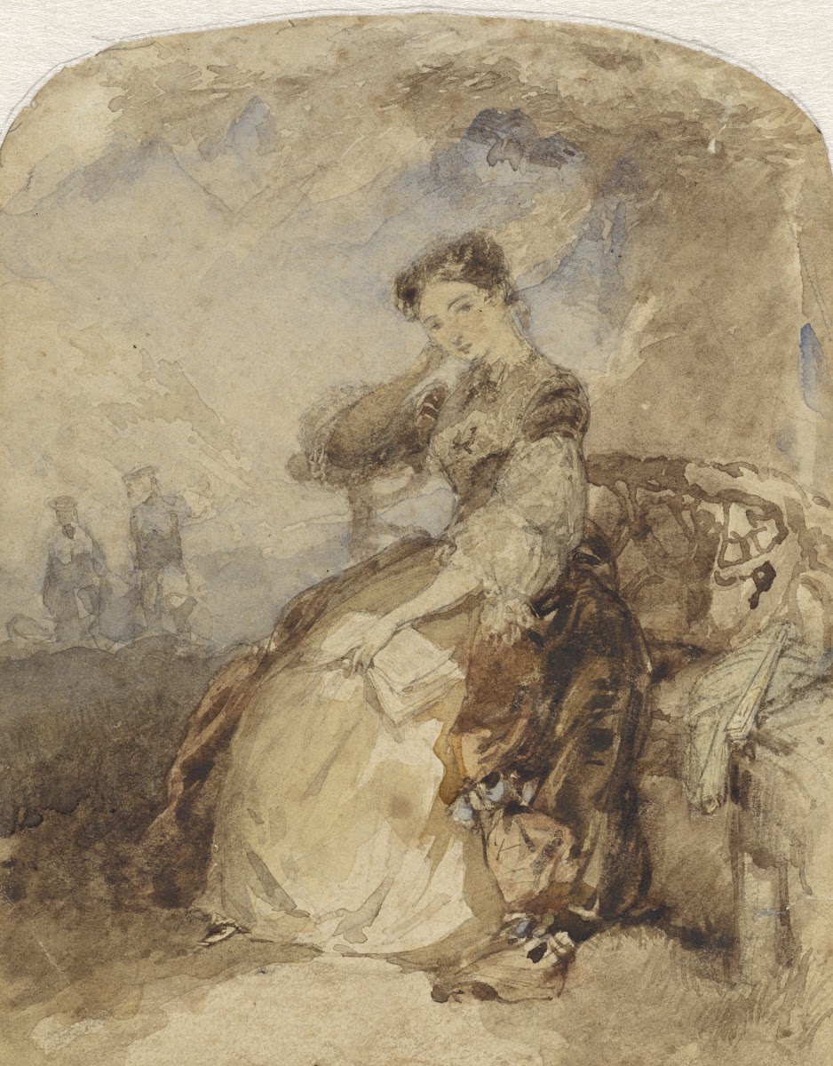 Dame zittend op een bankje onder een boom met een boek in de hand 1824   1894