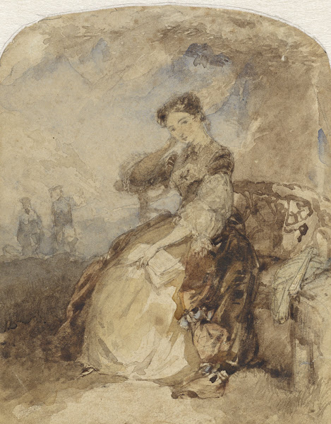 Dame zittend op een bankje onder een boom met een boek in de hand 1824   1894