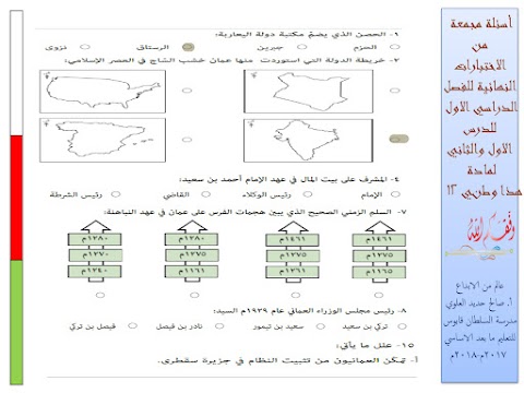 أسئلة اختبارات مجمعة للوحدة الأولى عمان تاريخ وحضارة - دراسات الصف 12 الفصل 1