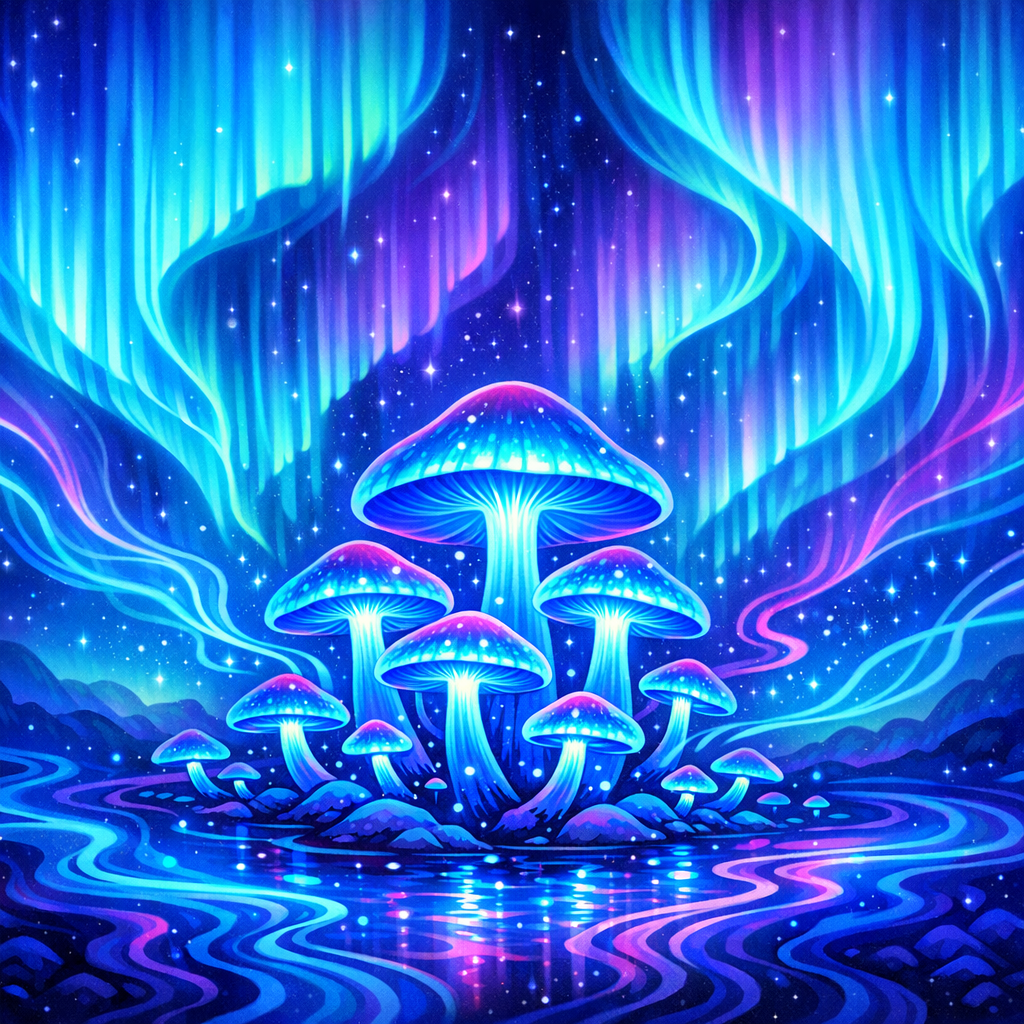 what does a mushroom trip feel like — creative and expressive visual interpretation, swirling colors and shapes reflecting a psilocybin experience