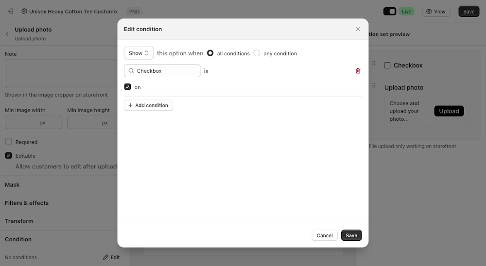 Condition set to Checkbox is on
