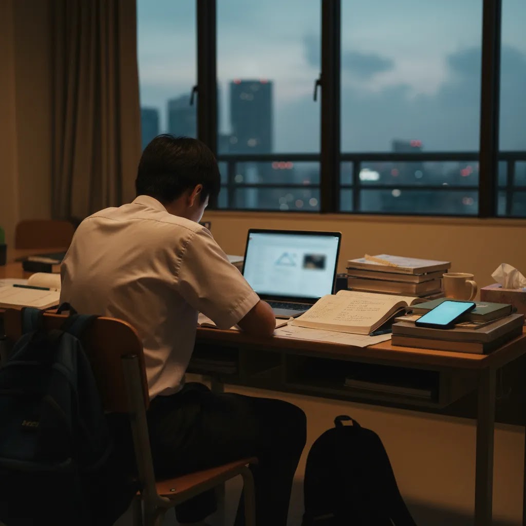 Youth mental health Singapore image of school pressure and screen time affecting a student