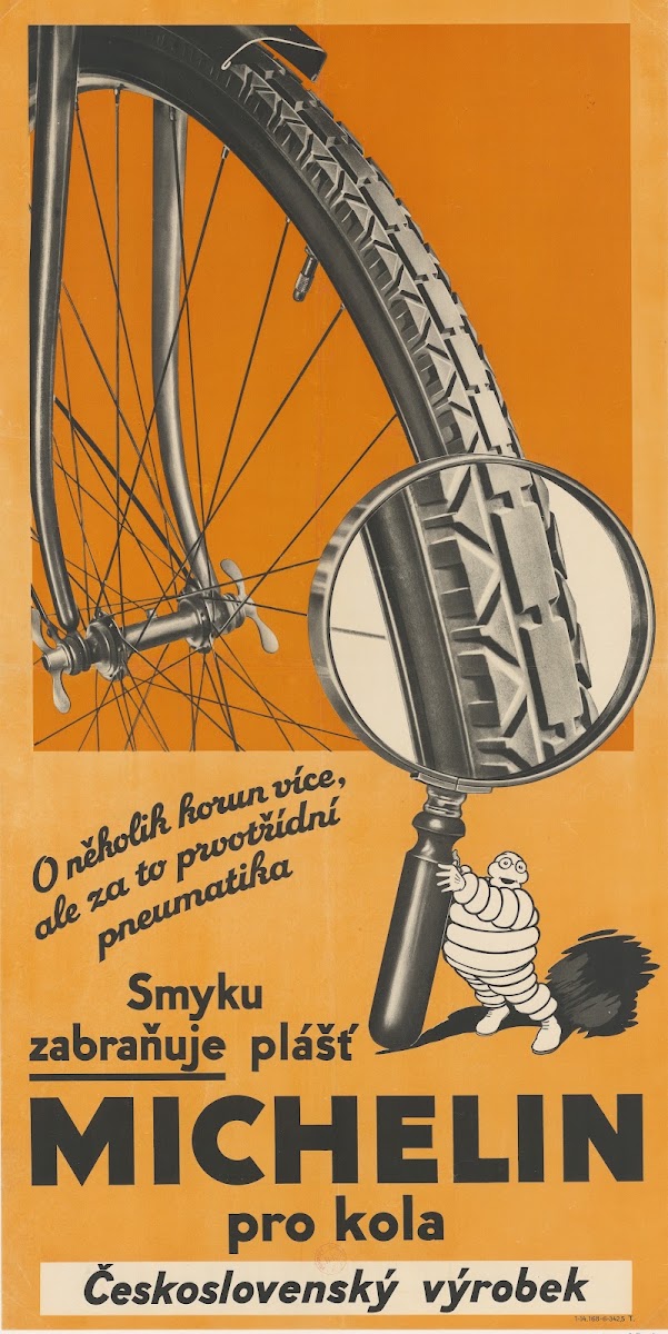 Smyku zabraňuje plášť Michelin pro kola Československý výrobek 1934