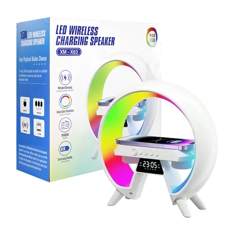Parlante LED Wireless, Cargador inalámbrico, reloj y luz ambiental