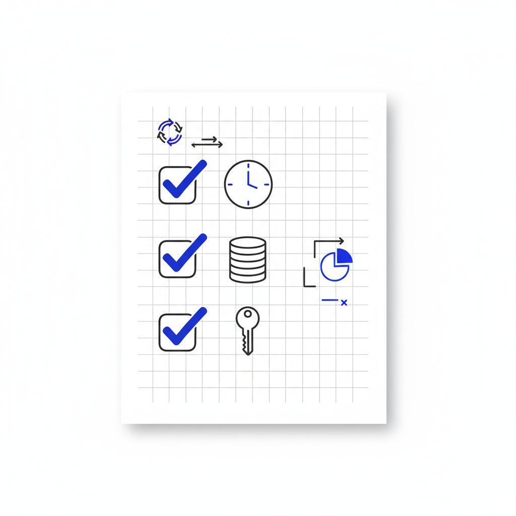 Minimal 2D vector checklist for qualifying HomeAdvisor leads: three checked boxes with clock, coin-stack and key icons on white background in Agency Visible brand colors