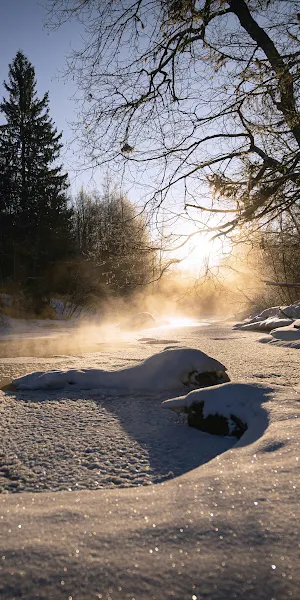 Winter Landscape, Frozen River, Misty Scenery, Cold Weather 4K Wallpaper Background