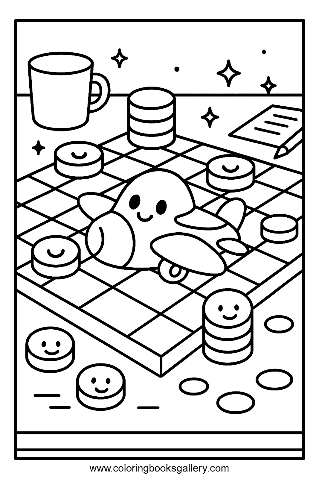 Checkers Game in Progress – Free Printable Coloring Sheet for Kids and Adults – free coloring page for kids