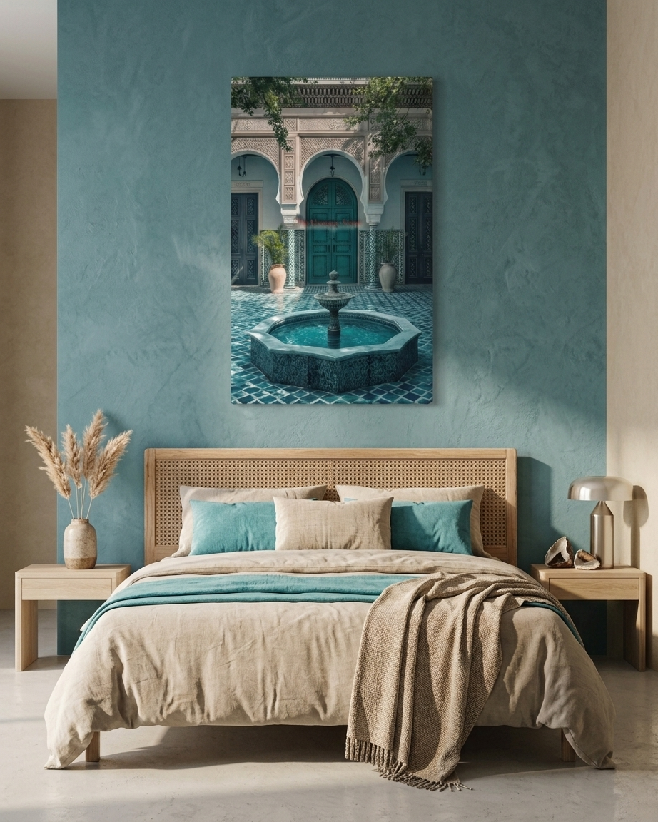 Moroccan Riad Courtyard & Fountain Canvas Wall Art – Teal Door Architecture Print - Image 2