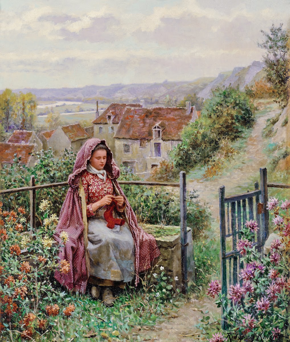 Young Woman Knitting by a Garden Gate