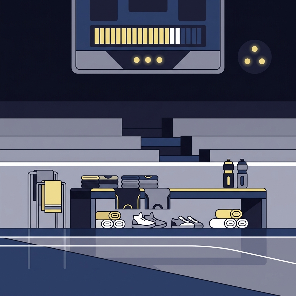 Minimalist 2D vector arena bench scene implying a close late fourth quarter with jerseys shoes a geometric scoreboard and accent dots to convey tension bucks celtics prediction
