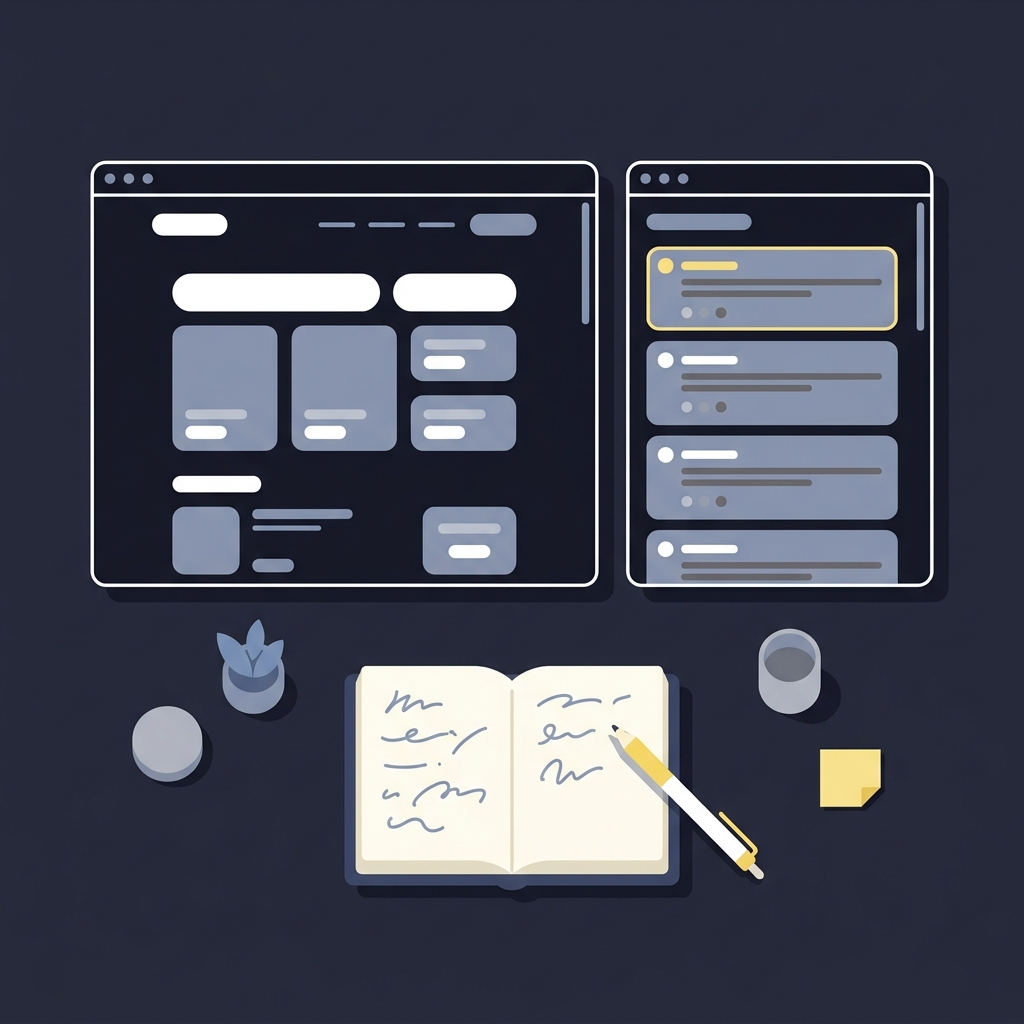 Minimalist 2D vector showing two browser windows side by side with an open notebook and pen on a dark desk illustrating note taking and forum comparison darkhorseodds
