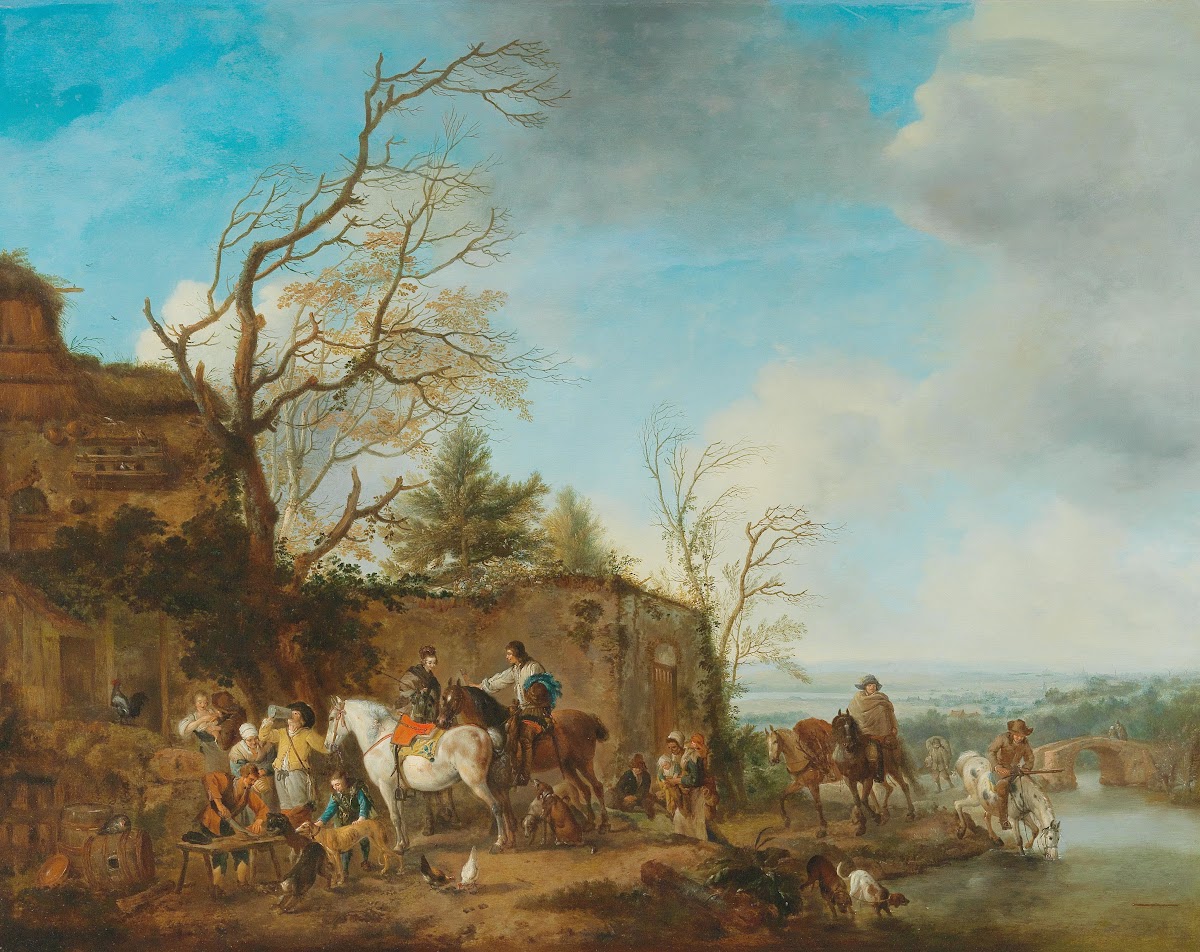 A riding party taking refreshments in a river landscape