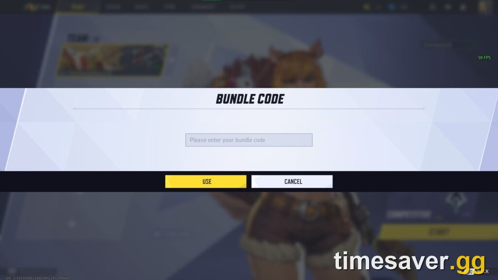 The Marvel Rivals in-game Bundle Code entry screen, showing the code input box with Use and Cancel buttons