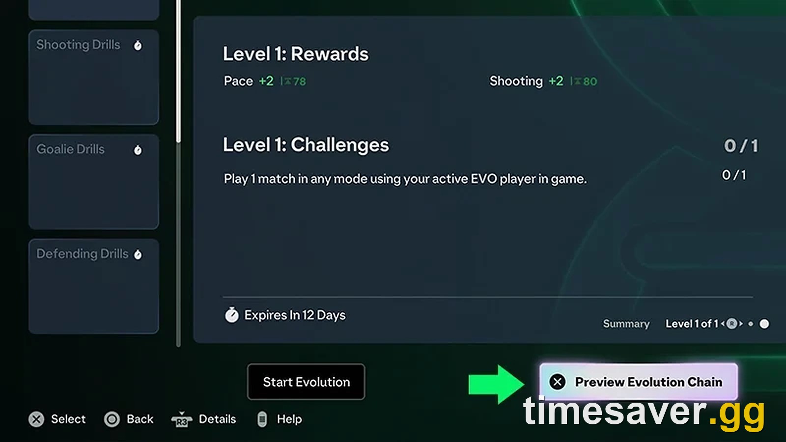 FC 27 Ultimate Team Evolutions screen with the Preview Evolution Chain control highlighted, showing Level 1 rewards, challenges and an Expires In 12 Days timer