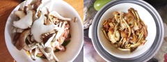 Nấm linh chi nâu cắt bỏ rễ, nấm hương thái lát. Cho nấm vào tô thịt gà đã ướp trộn đều rồi hấp để hấp chín là được. Bạn có thể tận dụng cho vào khay hấp của nồi cơm điện khi nấu cơm. Khi cơm chín thì thịt gà hấp cũng chín.