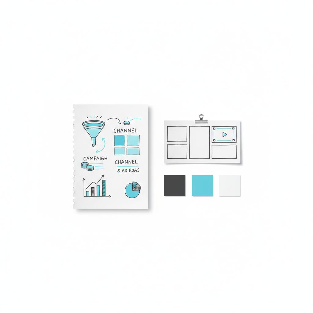 Flat-lay vector desk with sketched notepad showing campaign flow and budget breakdown for X ad cost, clipped moodboard thumbnails and brand color swatches on white background.