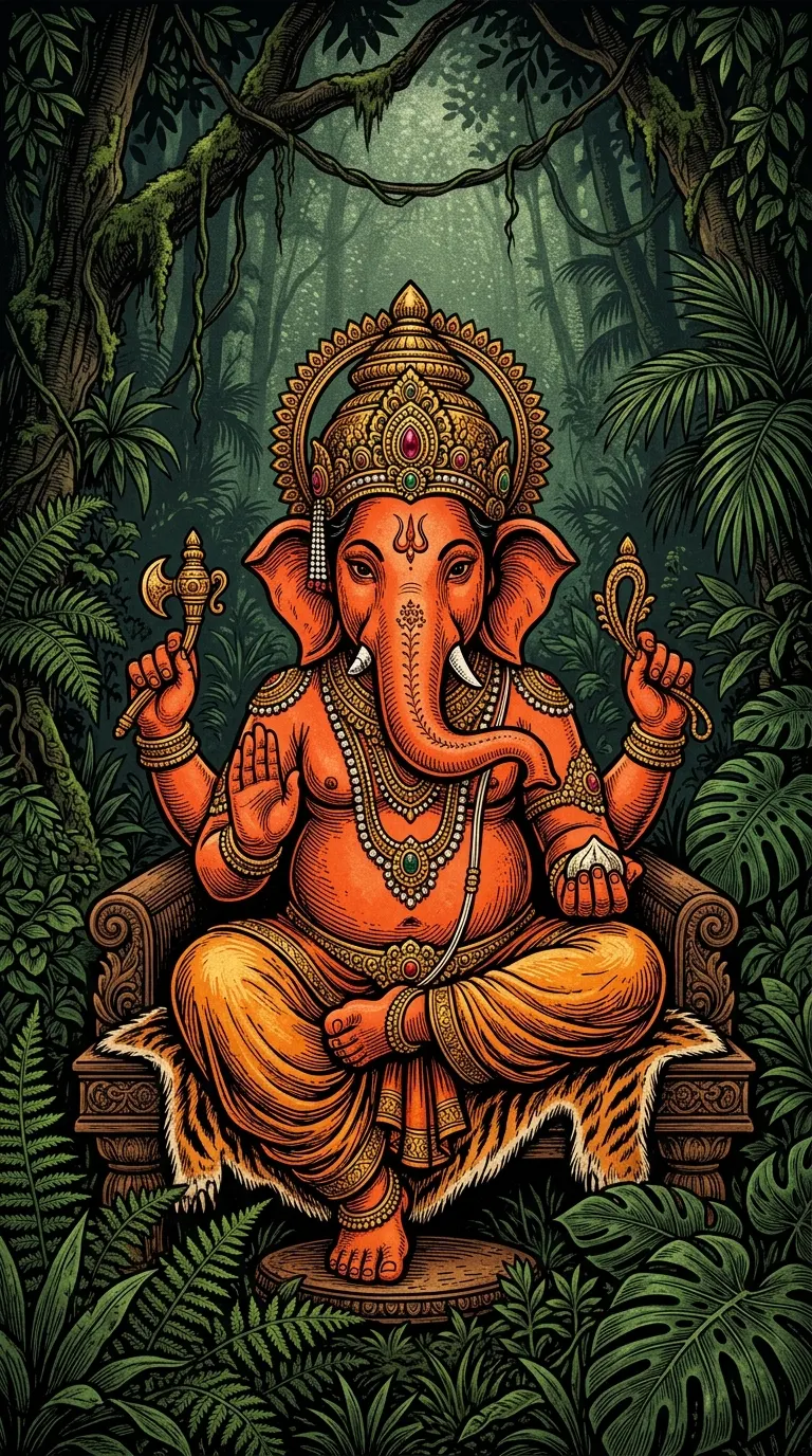 Detailed Woodcut Style Illustration of Hindu Deity Ganesha - Free 4K mobile Wallpaper