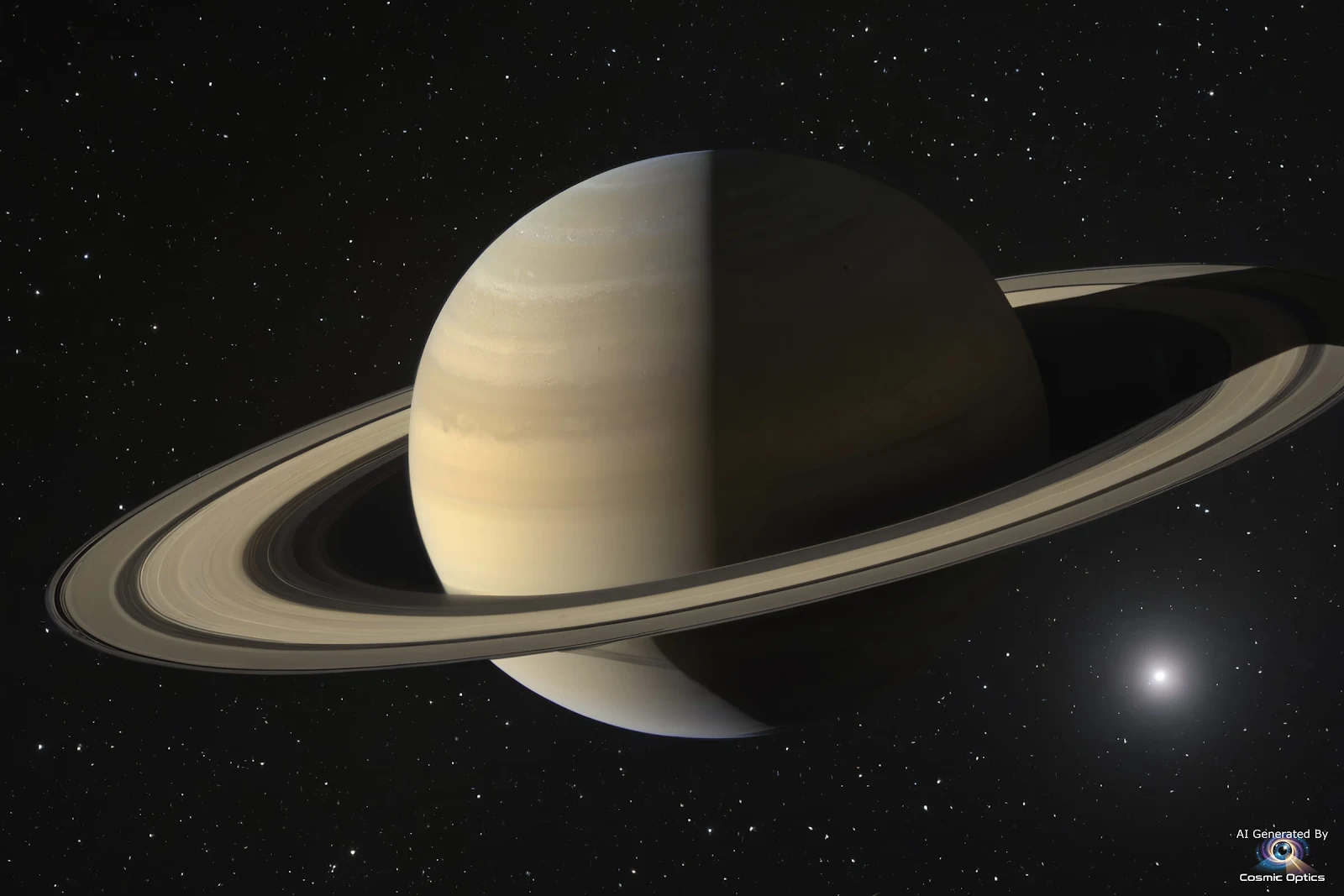 An authentic astrophotography shot of the planet Saturn in deep space. The large, smooth, pale beige_00018