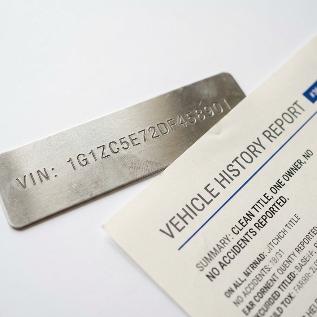 Close up of a metal VIN plate next to a printed vehicle history report on a white table showing black book car value with CarFax Deals blue accents and crisp black text