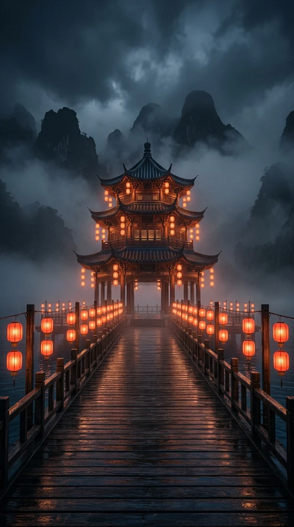 Eerie Moonlight Pagoda Mountains