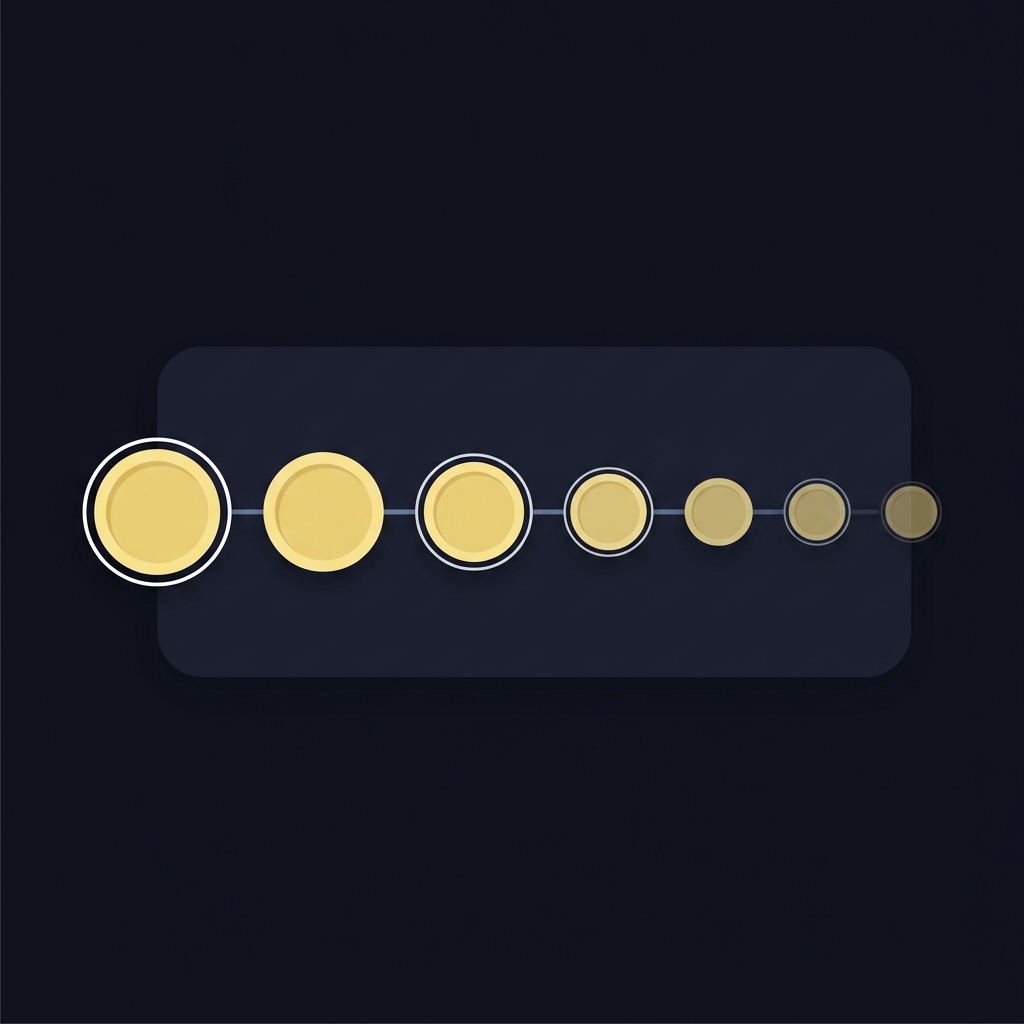 Minimal vector visualization of an 8 leg parlay showing eight coins shrinking in size and opacity left to right to illustrate decreasing overall win probability