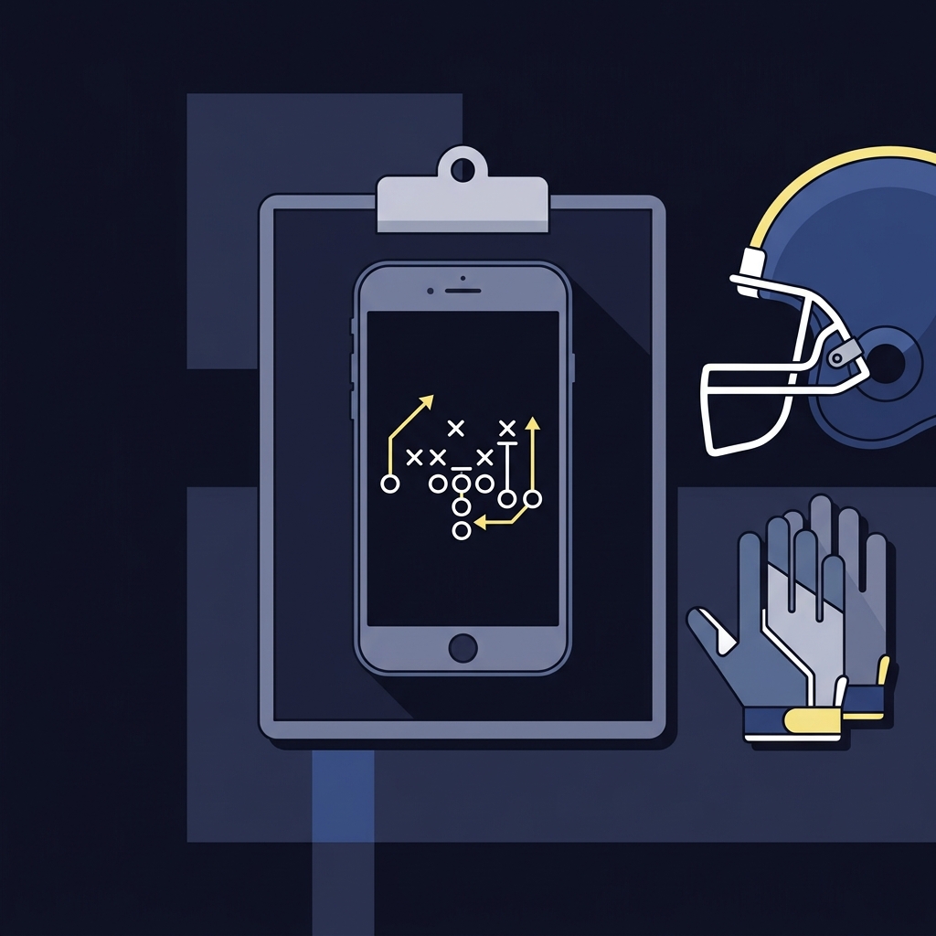 Minimalist 2D vector sideline scene with a football helmet clipboard and smartphone displaying a paused practice clip representing american football tips