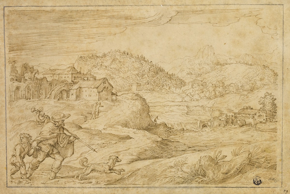 River Landscape with Saint Roch and a Child Traveling with Dog c 1545