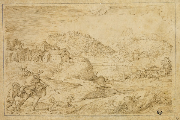 River Landscape with Saint Roch and a Child Traveling with Dog c 1545