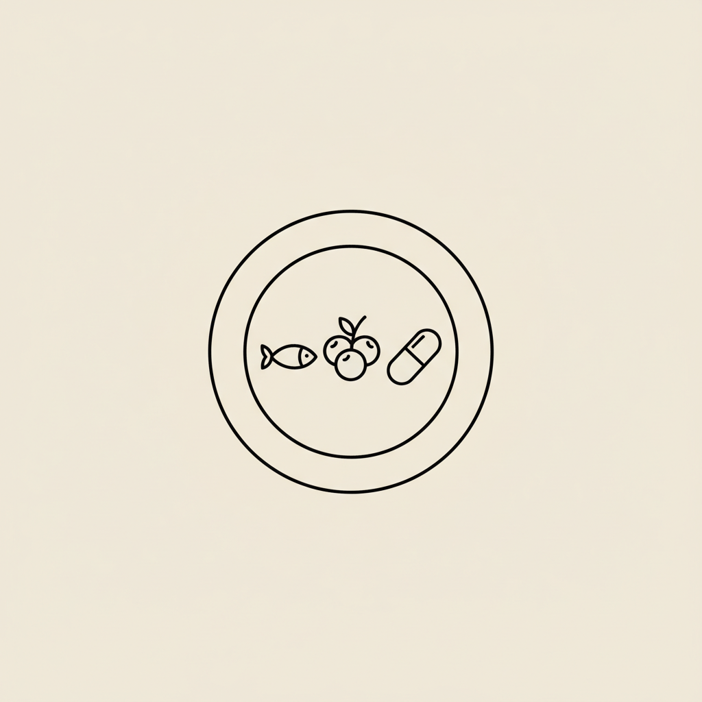 Minimal Tonum-style line illustration of a plate with a fish, a small cluster of berries, and a capsule silhouette on a beige background, representing nutrition and supplementation to lose 20 pounds in 3 months.