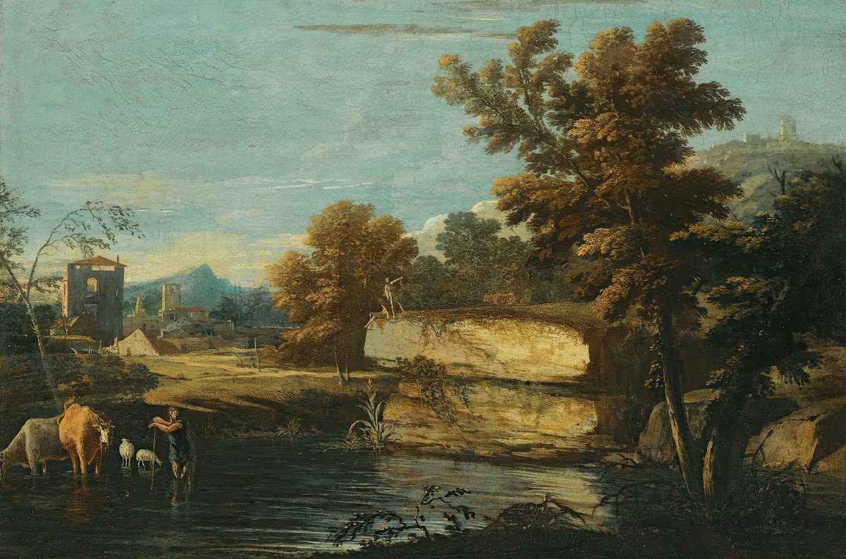 A Lacustrine Landscape With A Herder And His Animals Resting By The Water A Town