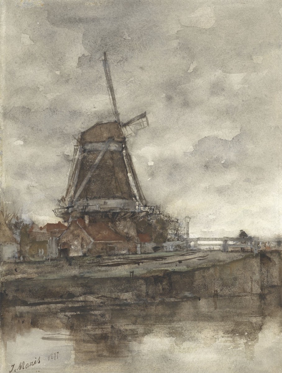 Molen en de brug bij de Noord West Buitensingel in Den Haag 1877