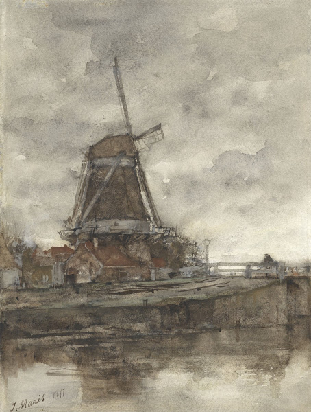 Molen en de brug bij de Noord West Buitensingel in Den Haag 1877