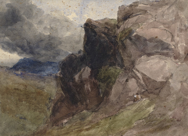 Rocky landscape in Wales with figure drawing in the foreground to the right 1836