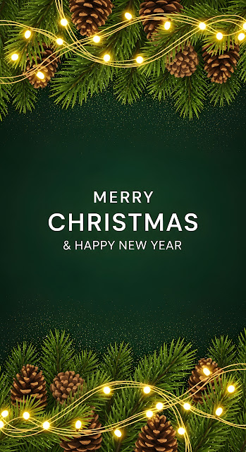 Realistic Pine Cones and Fairy Lights Christmas Border - Free mobile Wallpaper