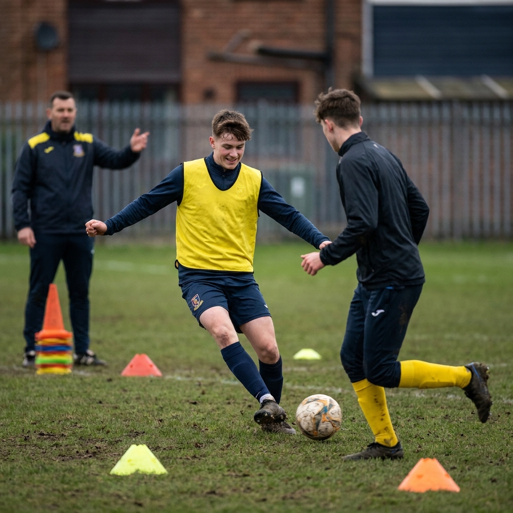 Close up of academy players training on local pitch showing teamwork youth development and local pathways with coach in background athletic bilbao prediction