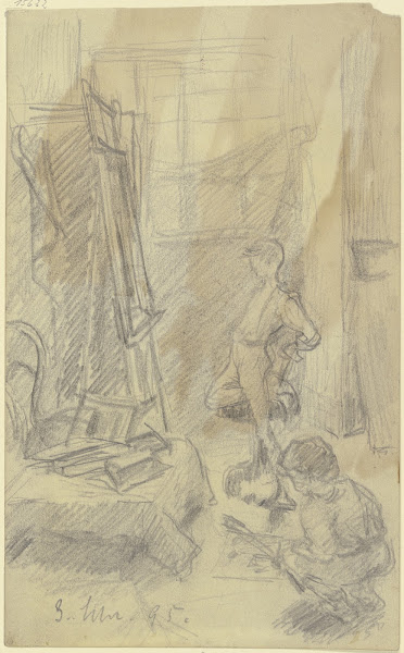 Atelierecke zwei Personen vor der Staffelei 1895