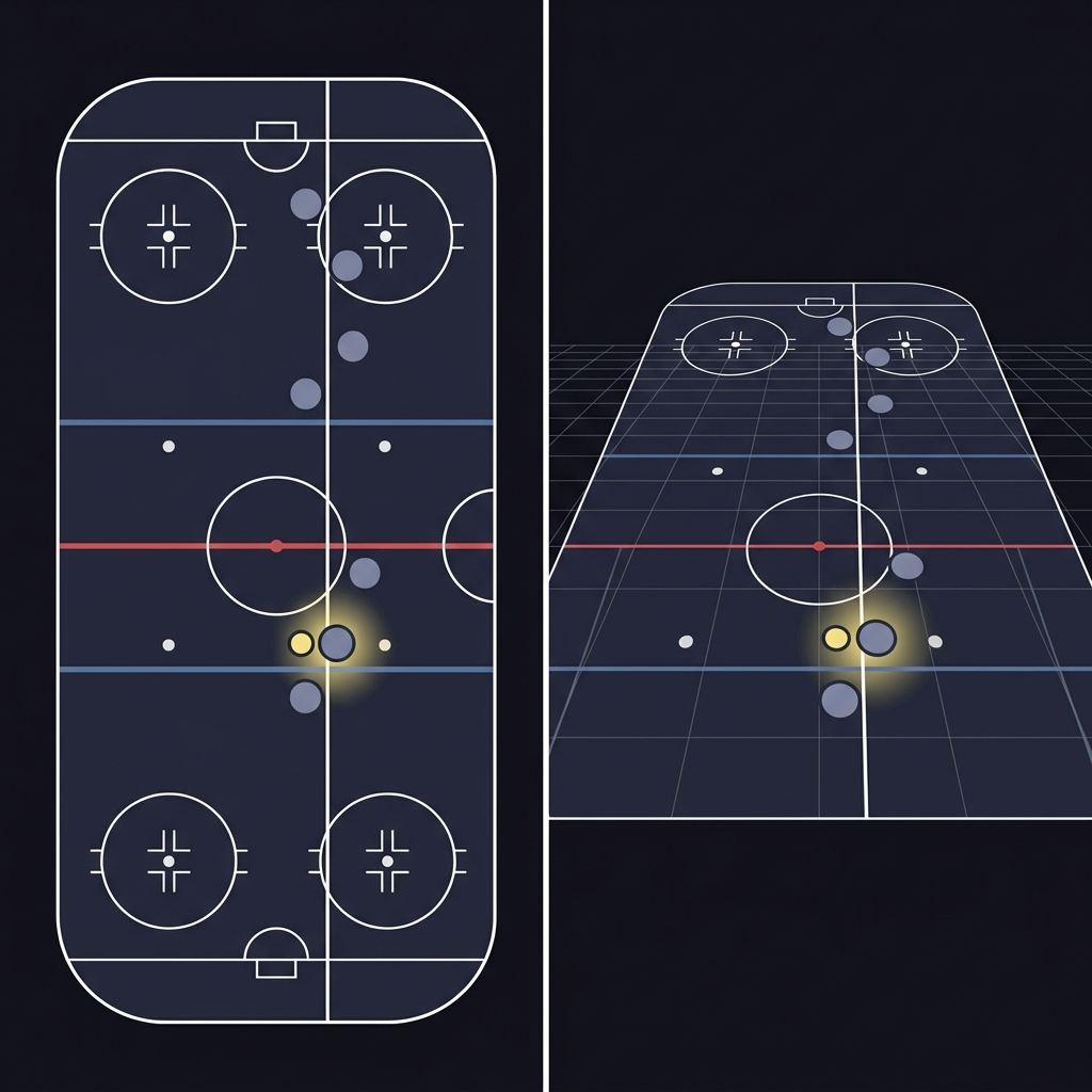 Minimal 2D vector split screen comparing two camera angles of the same offside call on a hockey rink with schematic player markers and offside line highlighted nhl line movement