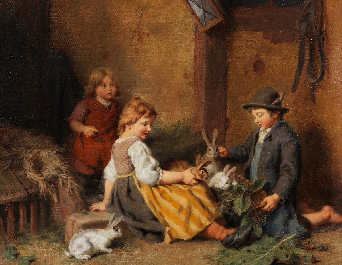 Kinder mit Hasen im Stall 1870