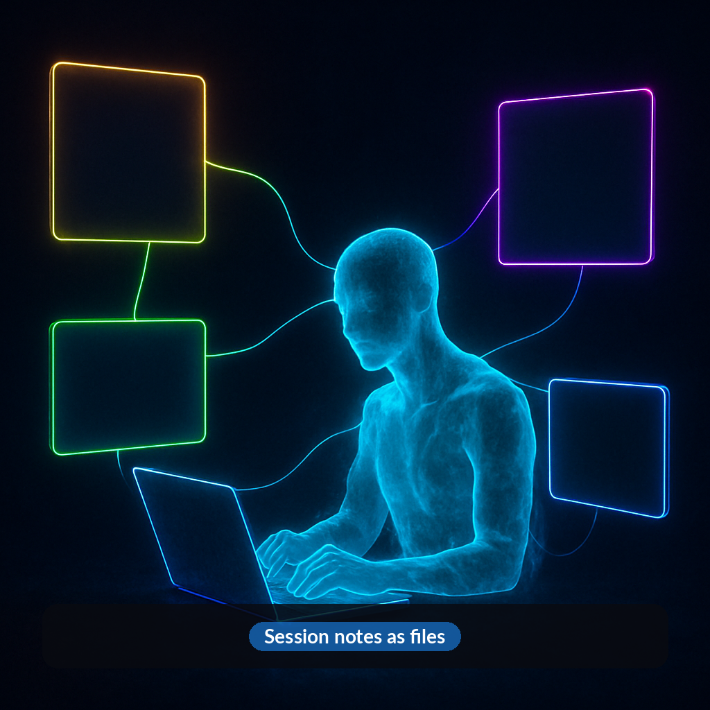 Holographic coder connected to floating session notes