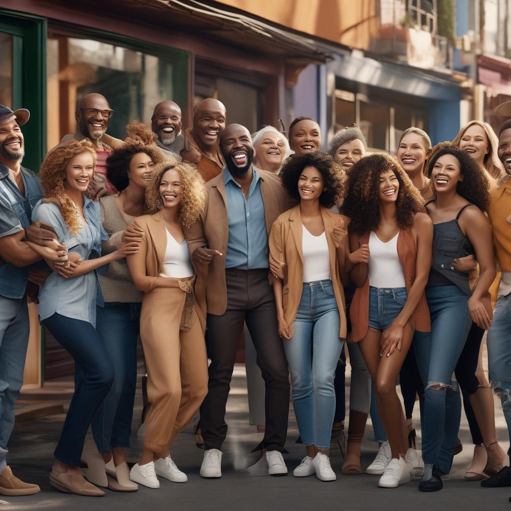A diverse group of people smiling and laughing together in a vibrant community setting
