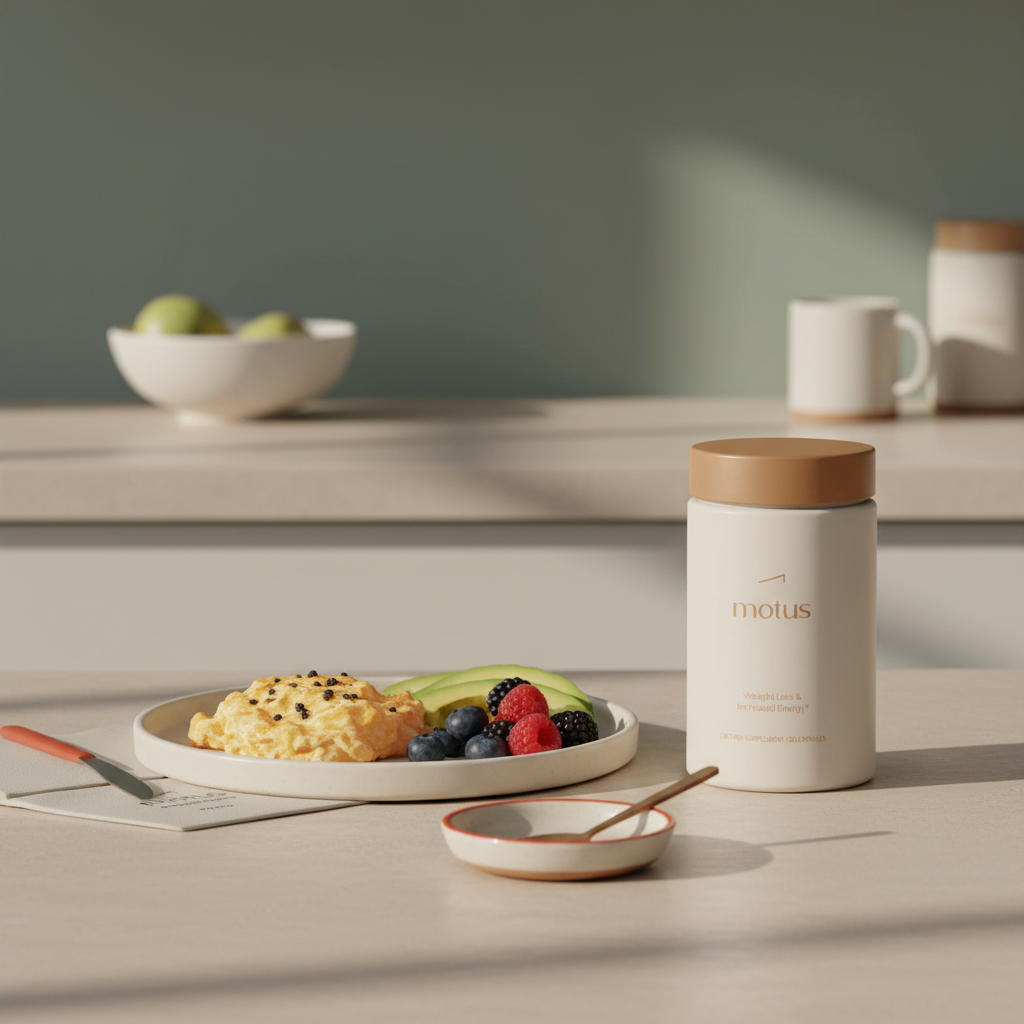 Motus supplement jar beside a balanced breakfast plate with eggs, avocado, and berries on a minimalist kitchen surface, illustrating how to take CLA for weight loss