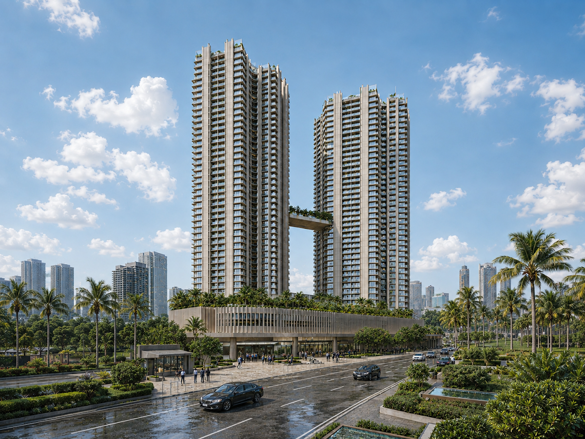 Twin residential towers connected by a sculptural skybridge